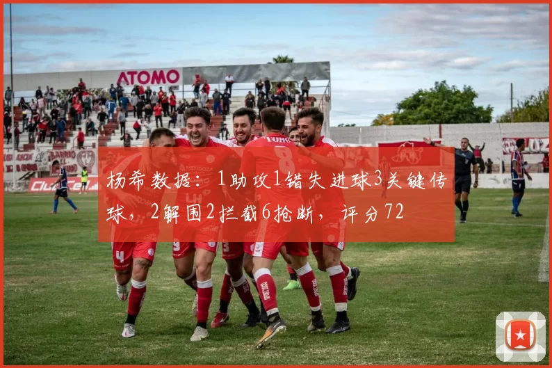 杨希数据：1助攻1错失进球3关键传球，2解围2拦截6抢断，评分72